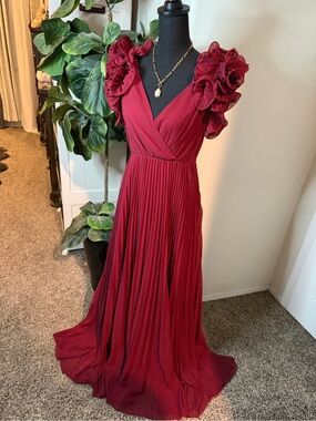 Elegant Burgundy Ruffle-Sleeve Maxi Dress